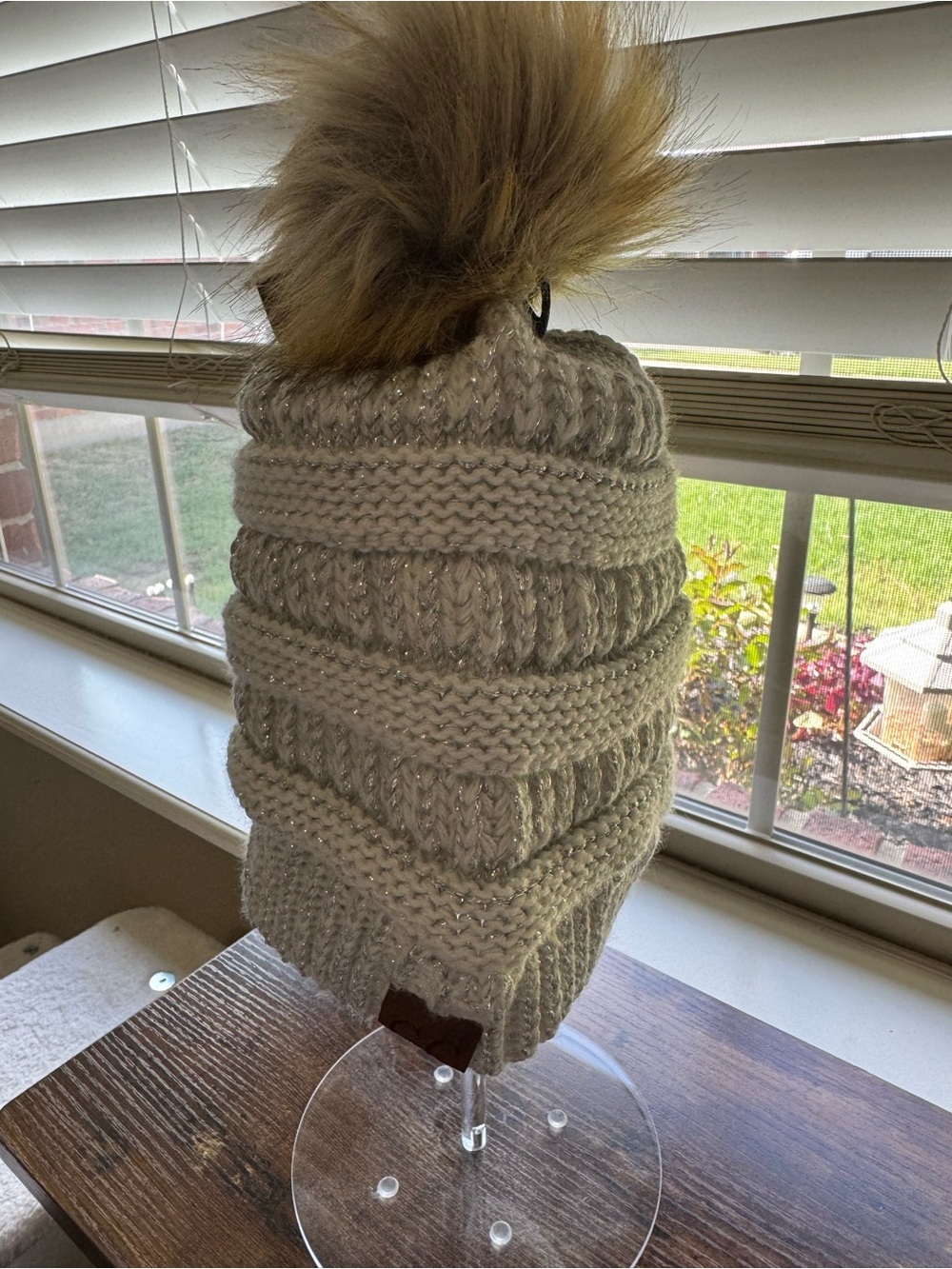 C.C. Exclusives Ivory Ribbed Beanie with Faux Fur Pom Metallic Accent NWT